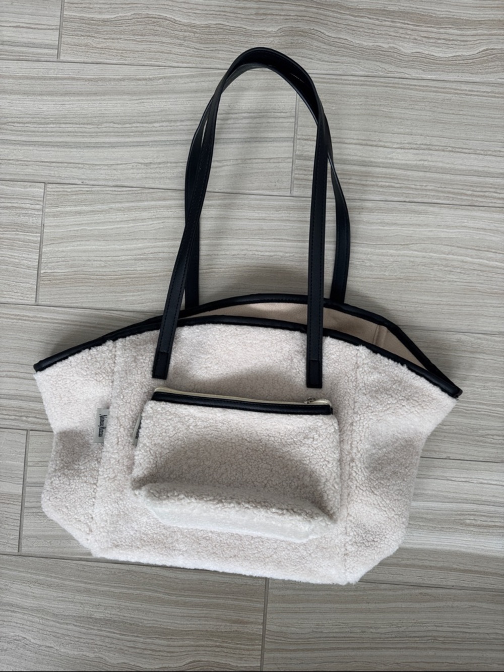 NEW Neiman Marcus Faux Sherpa Cream and Black Tote Bag + Pouch